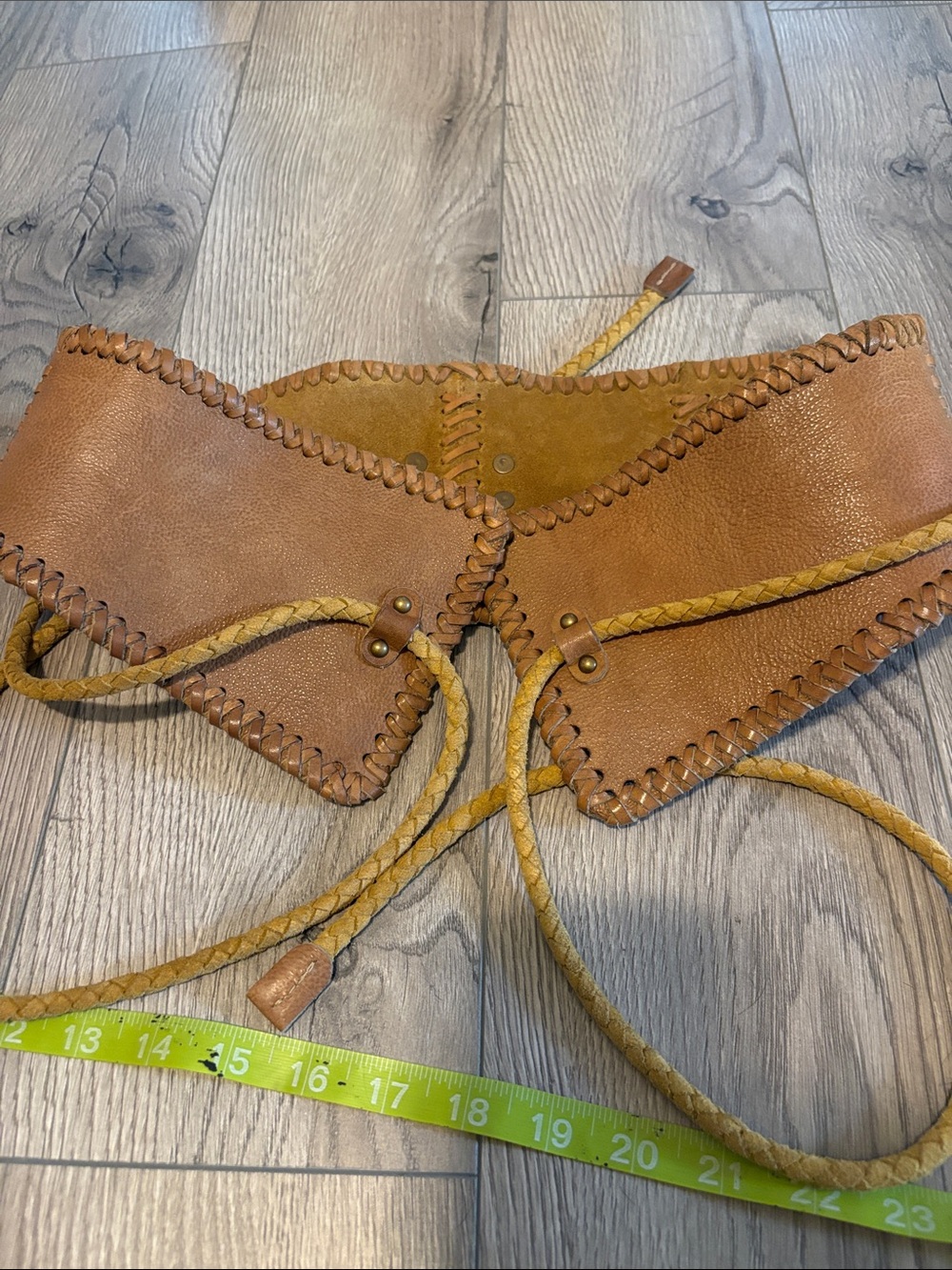 Free People Tan Leather Braided Rope Belt with Yellow Cord Bohemian Corset Large